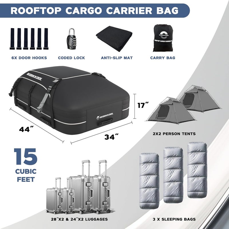 WORKKOOL Rooftop Cargo Carrier Vehicle Soft-Shell Carriers, Heavy Duty Car Roof Bag Waterproof Without Rack, Car Topper Luggage Carrier-with 6 Hooks,Mat&Coded Lock(15 Cuft) - Image 5